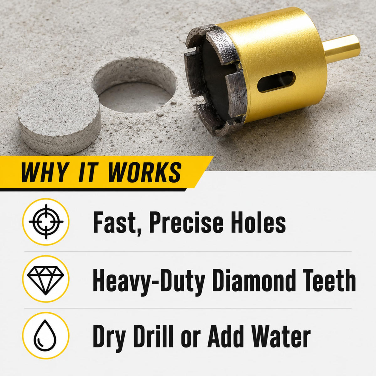 Clean 1-3/4 inch hole and core cut in concrete with heavy-duty diamond teeth