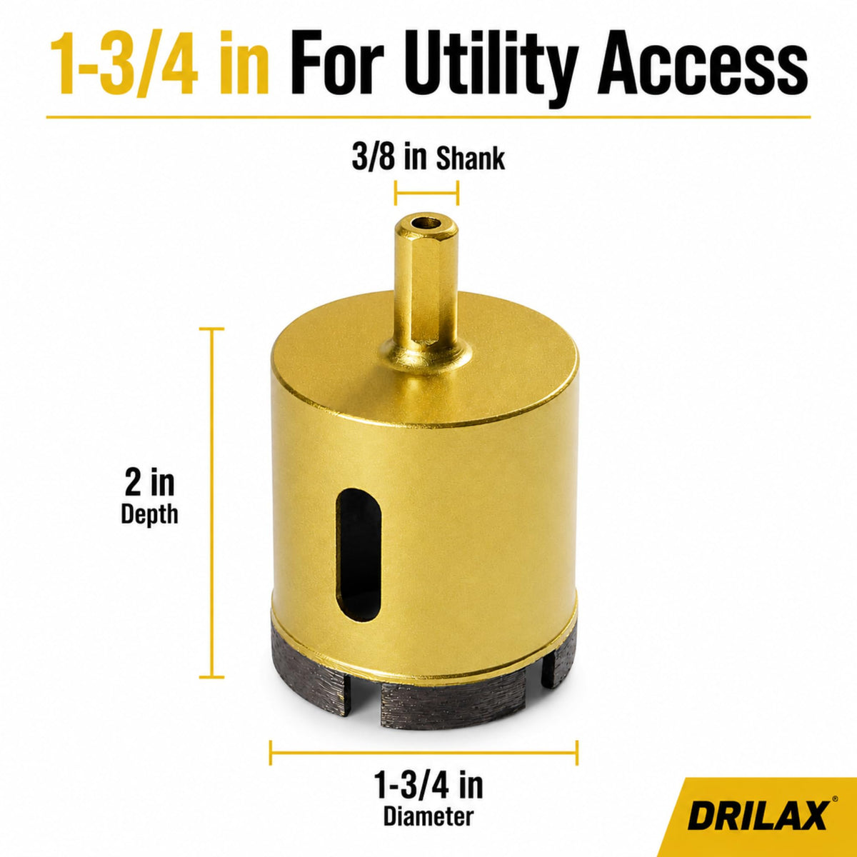 1-3/4 inch core bit dimensions: 1-3/4 inch diameter, 2 inch depth, 3/8 inch shank
