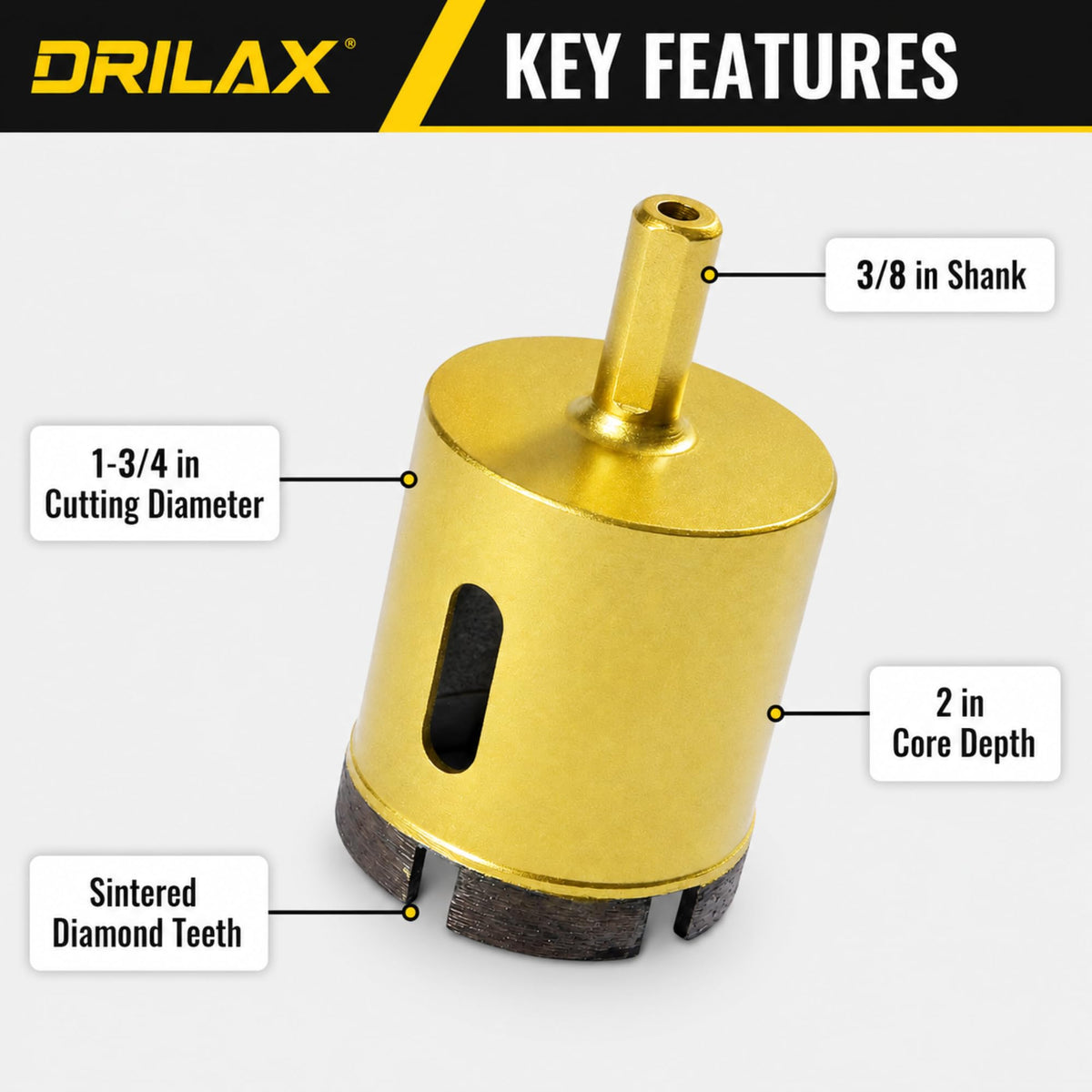 1-3/4 inch core bit key features: 3/8 inch shank, 2 inch core depth, sintered diamond teeth