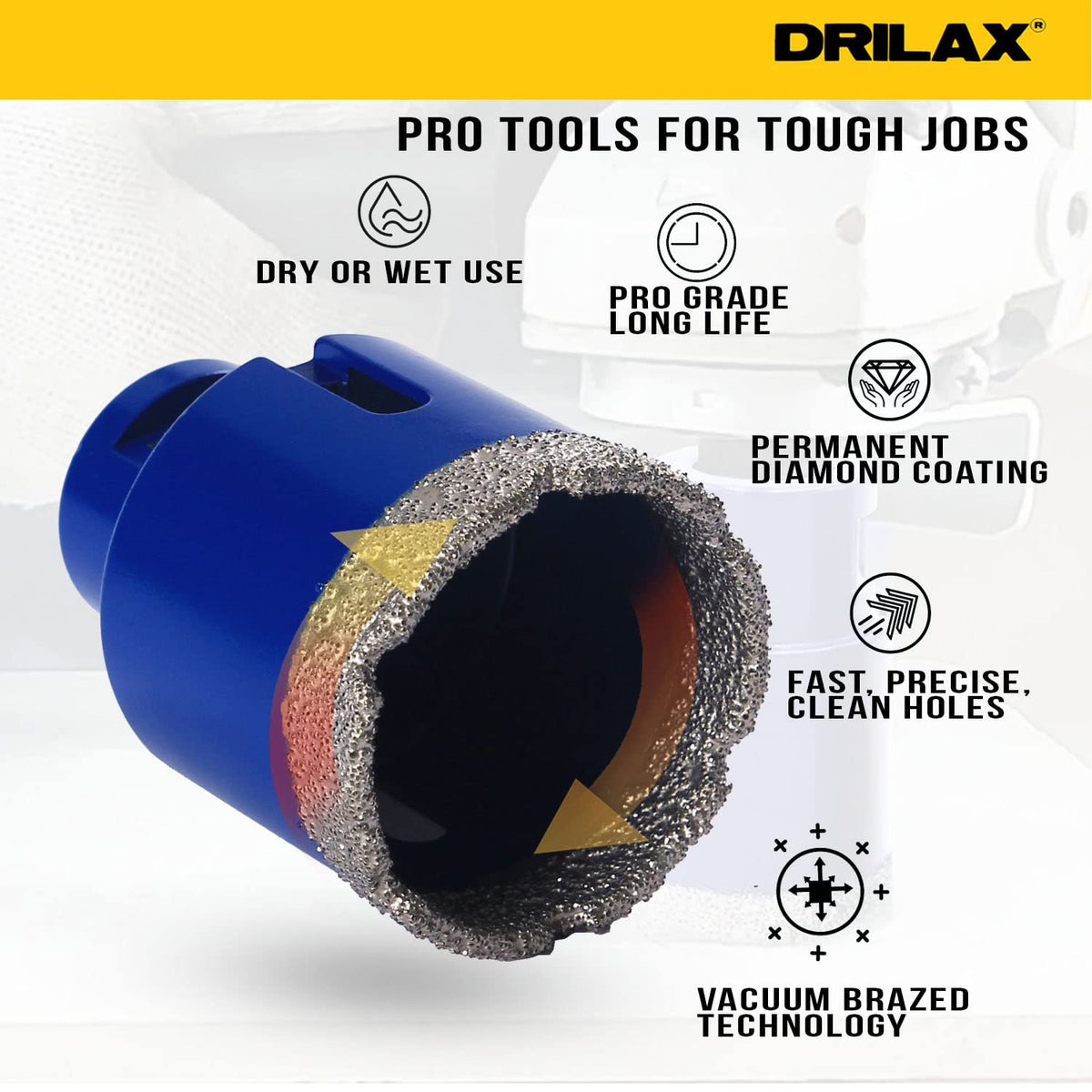 Pro tools for tough jobs: dry or wet use, pro grade long life, permanent diamond coating, vacuum brazed technology