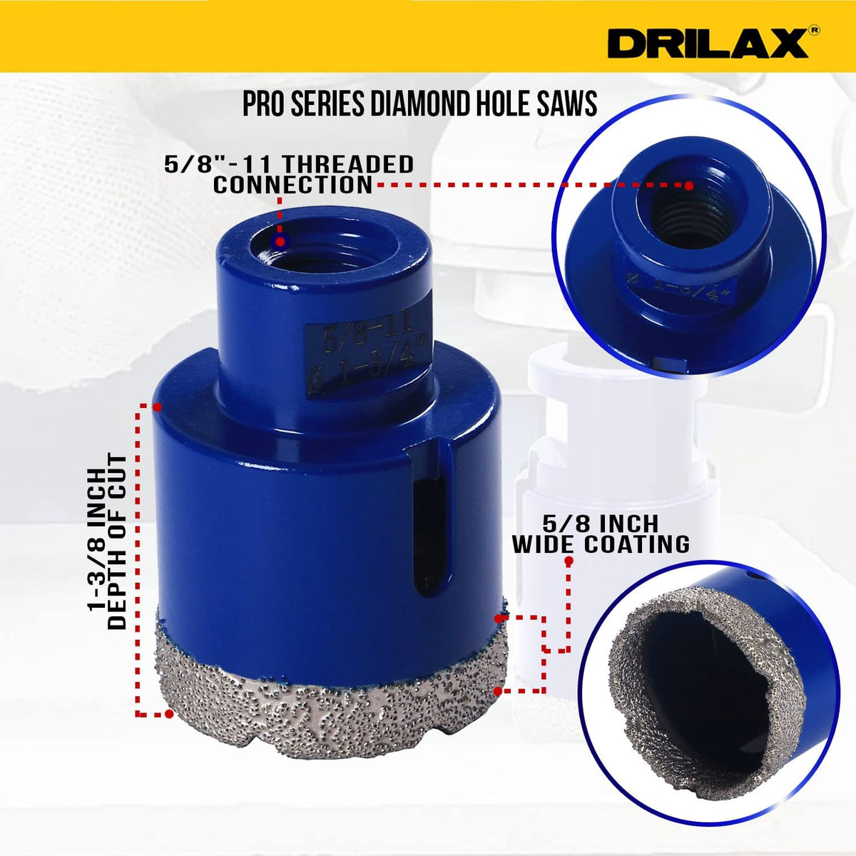 5/8"-11 threaded connection, 1-3/8 inch depth of cut, 5/8 inch wide diamond coating