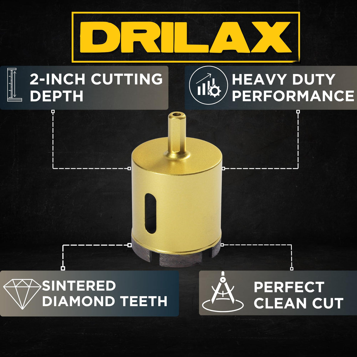 1-3/8 inch diamond core bit features: 2 inch cutting depth, sintered diamond teeth, heavy duty, clean cut