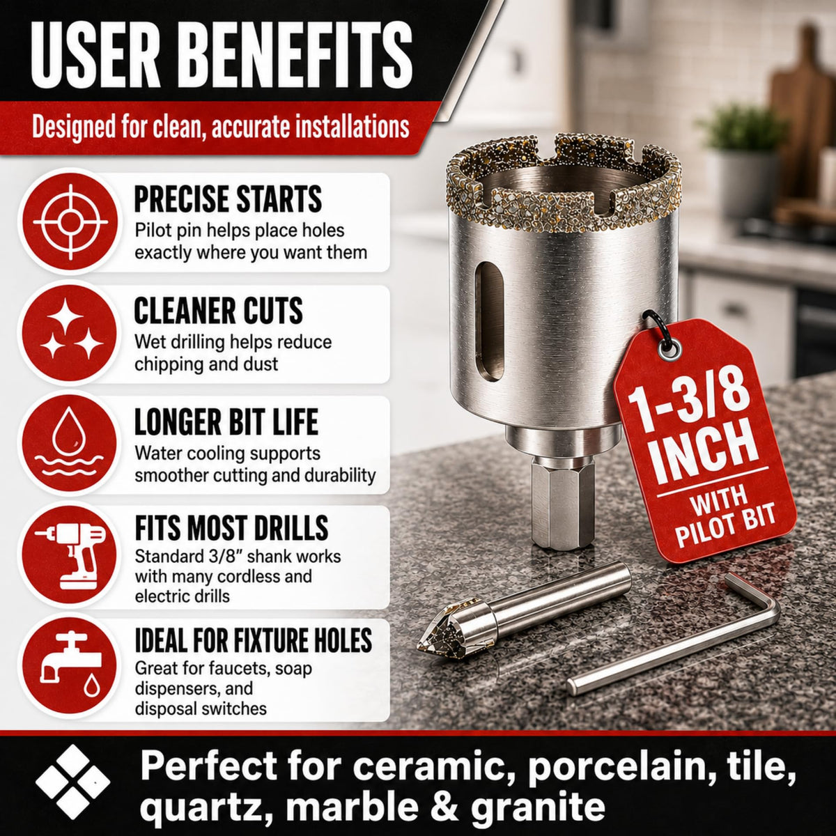 1-3/8 inch diamond hole saw benefits: precise starts, cleaner cuts, longer bit life