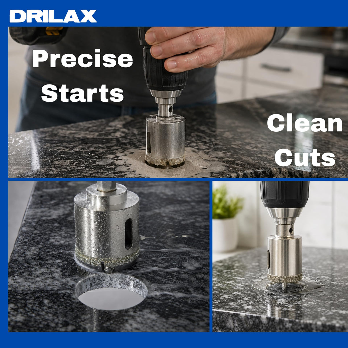 Drilling a granite countertop with the 1-3/8 inch diamond hole saw for precise starts and clean cuts