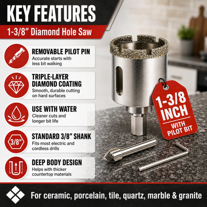 1-3/8 inch diamond hole saw features: removable pilot pin, triple-layer diamond coating, 3/8 inch shank