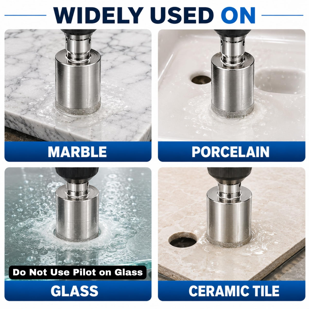 1-3/8 inch diamond hole saw drilling marble, porcelain, glass (no pilot) and ceramic tile
