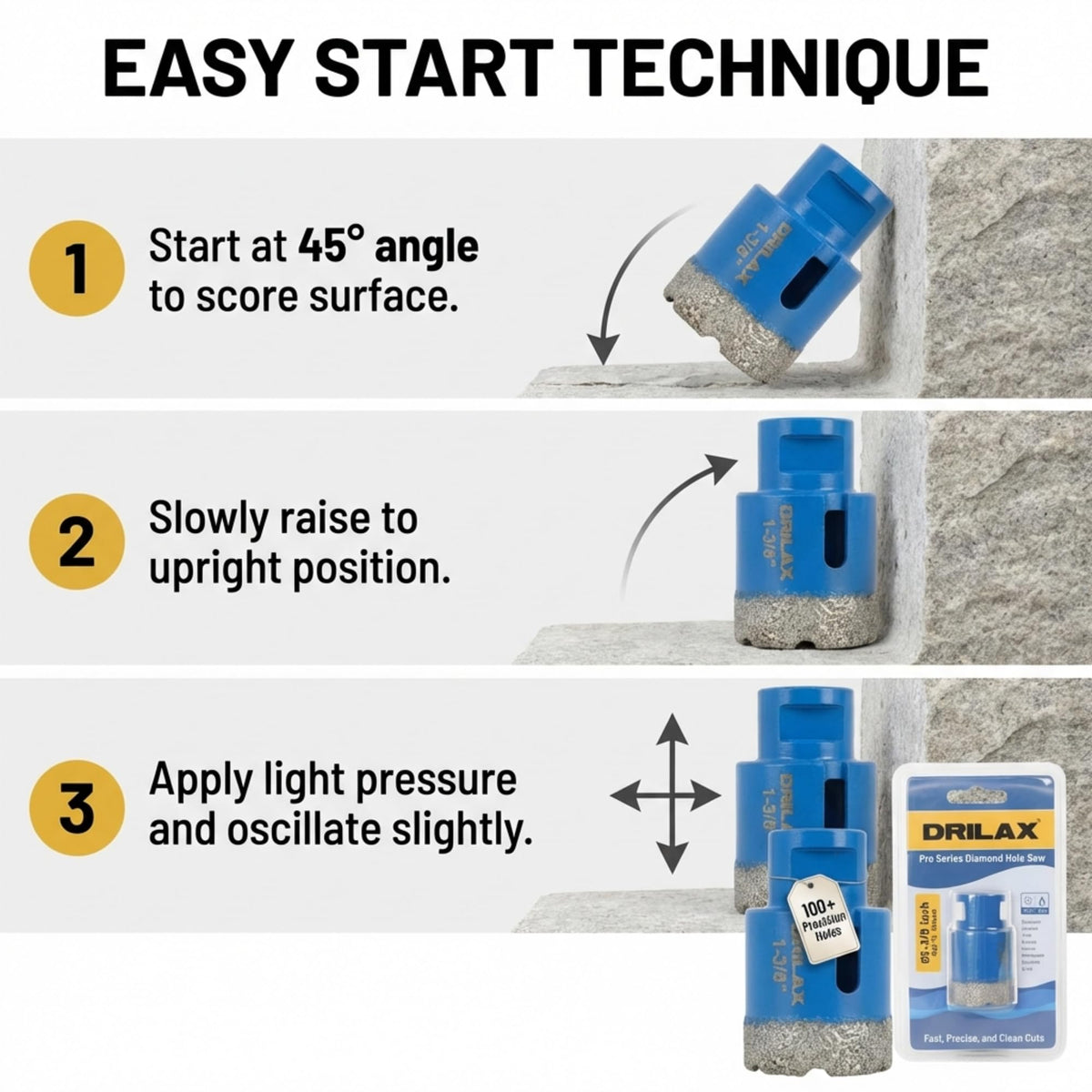 Easy start: 45 degree angle to score, raise upright, light pressure with slight oscillation