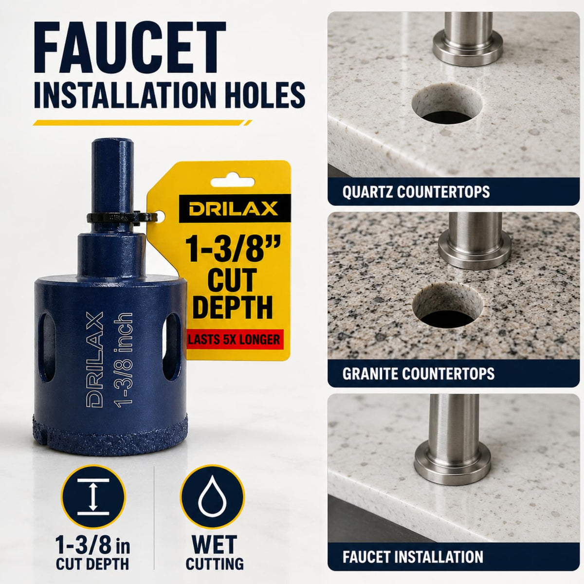 Faucet installation holes in quartz and granite countertops, 1-3/8 inch cut depth
