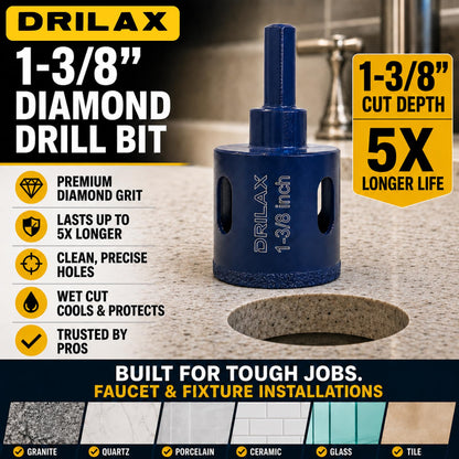 1-3/8 inch diamond drill bit features: premium diamond grit, 5x longer life, wet cutting