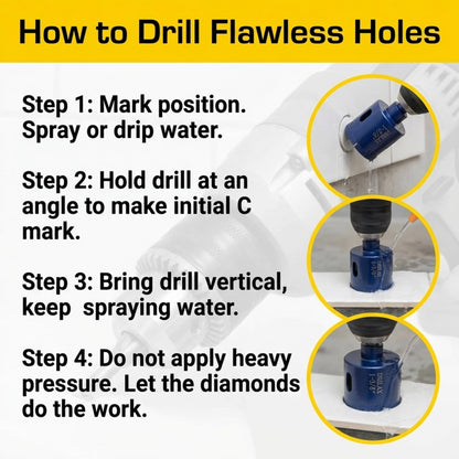 How to drill flawless holes: mark, spray water, start at an angle, bring vertical
