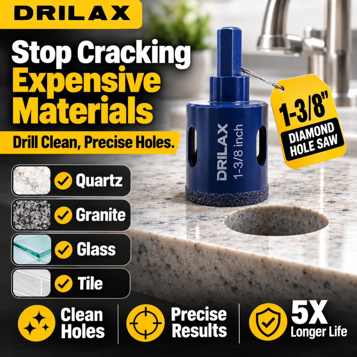 1-3/8 inch diamond hole saw drills quartz, granite, glass and tile without cracking