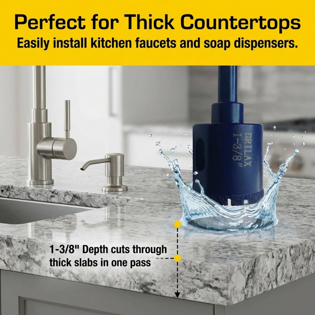 Drilling a thick granite countertop for a faucet and soap dispenser