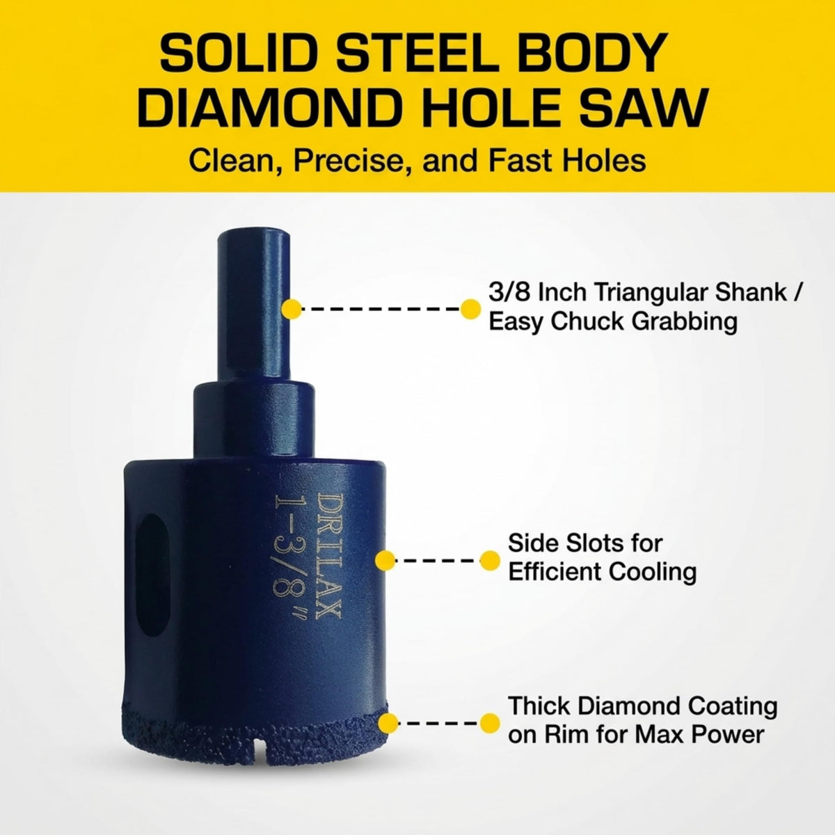 Solid steel body with 3/8 inch triangular shank, side slots and thick diamond rim