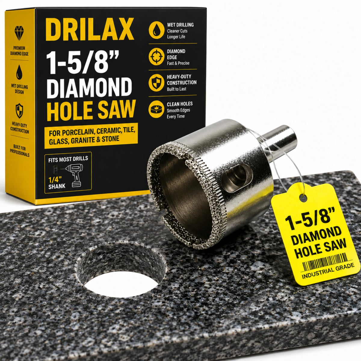 1-5/8 inch diamond hole saw with a clean hole in granite