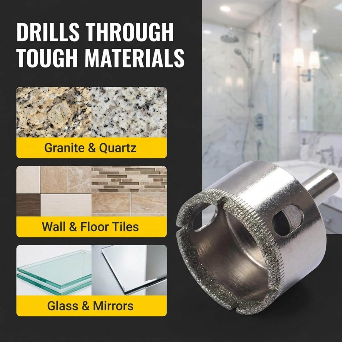 Drills granite, quartz, wall and floor tile, glass and mirrors