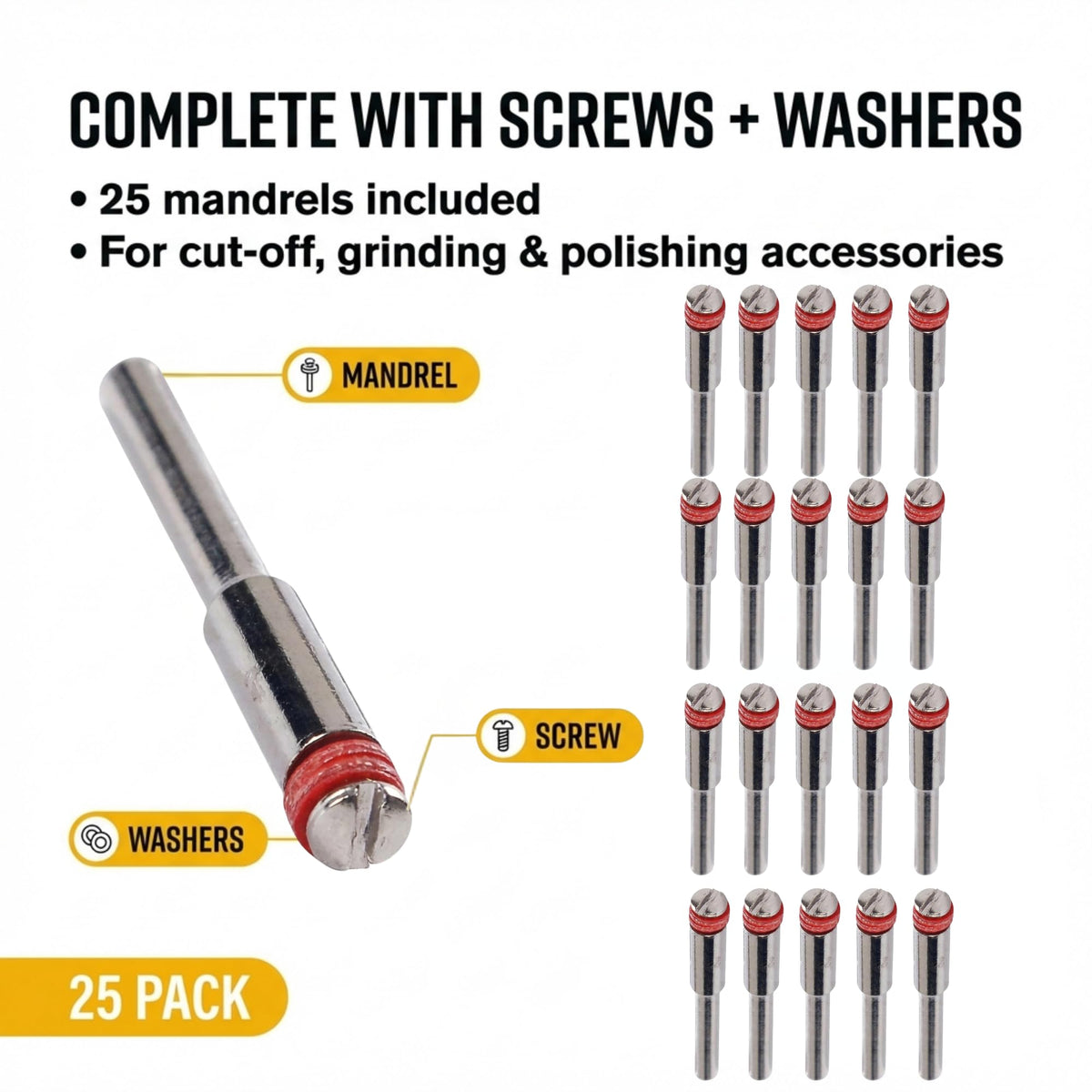 Mandrel with screw and washers; 25 included