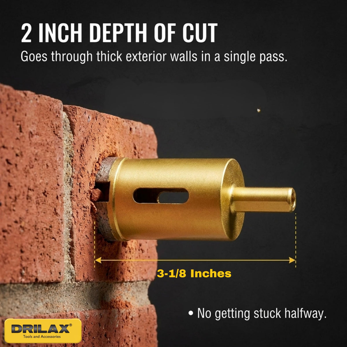 1 inch diamond hole saw with 2 inch depth of cut drilling through a brick wall