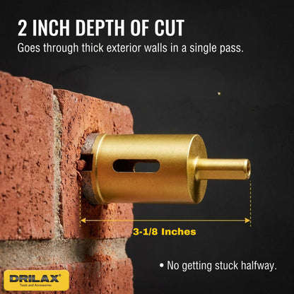 1 inch diamond hole saw with 2 inch depth of cut drilling through a brick wall