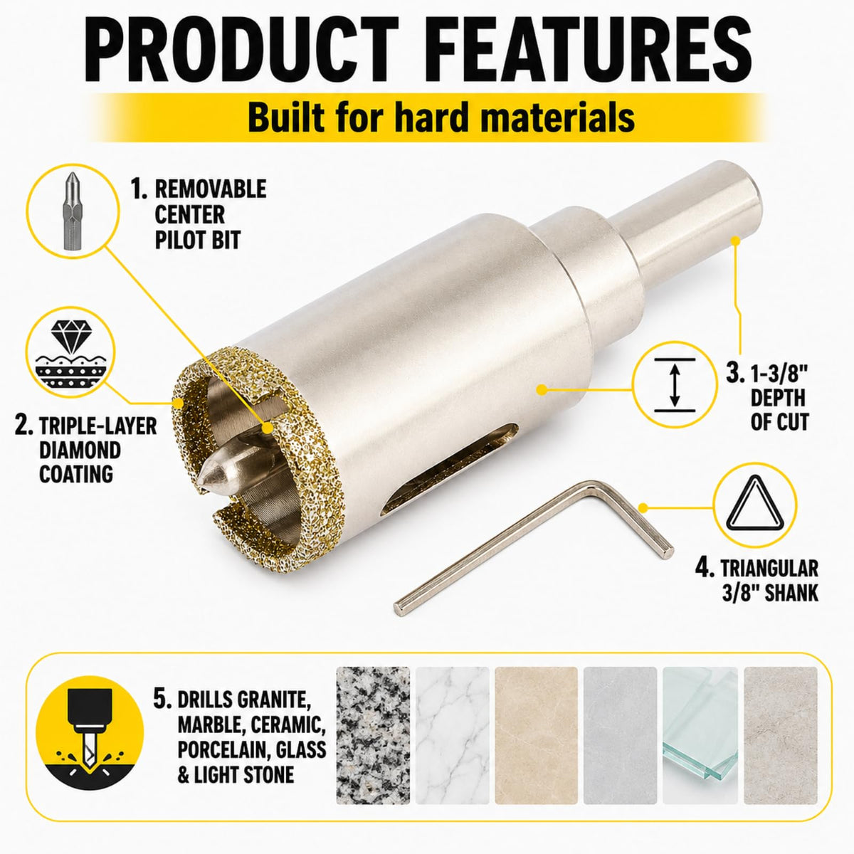 1 inch diamond hole saw features: removable center pilot bit, triple-layer diamond coating, 1-3/8 inch depth of cut