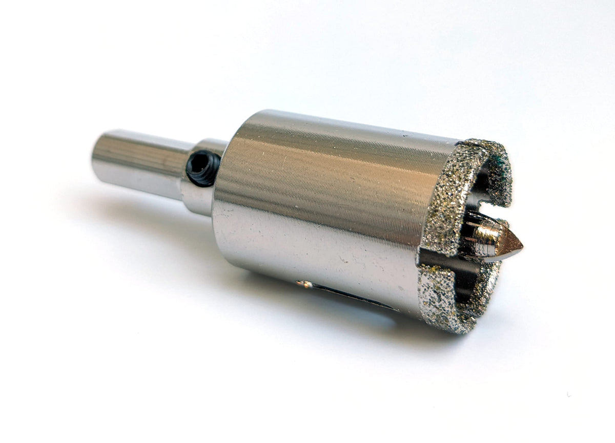 Side view of the 1 inch diamond hole saw showing the pilot bit and diamond-coated rim