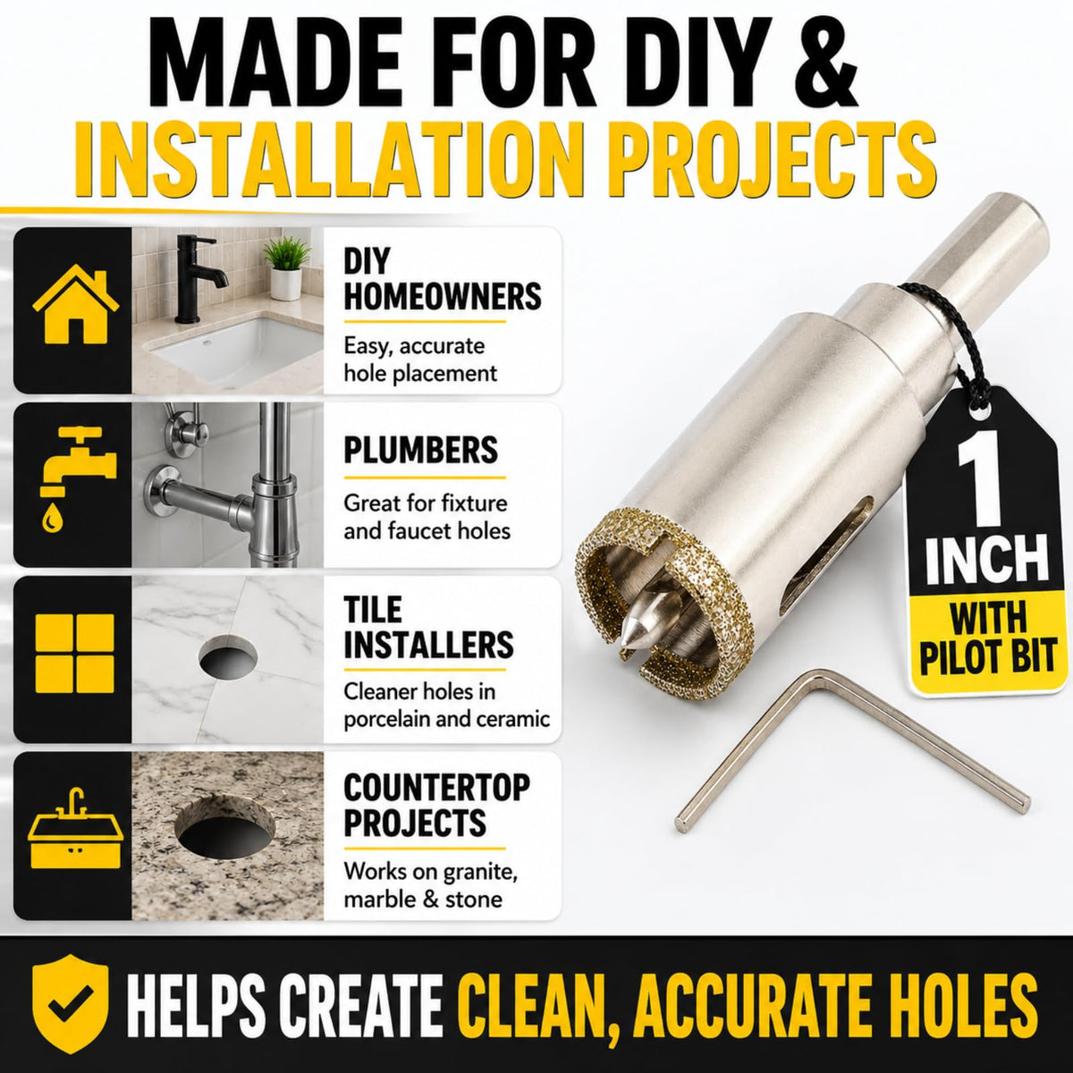 1 inch diamond hole saw for DIY homeowners, plumbers, tile installers and countertop projects