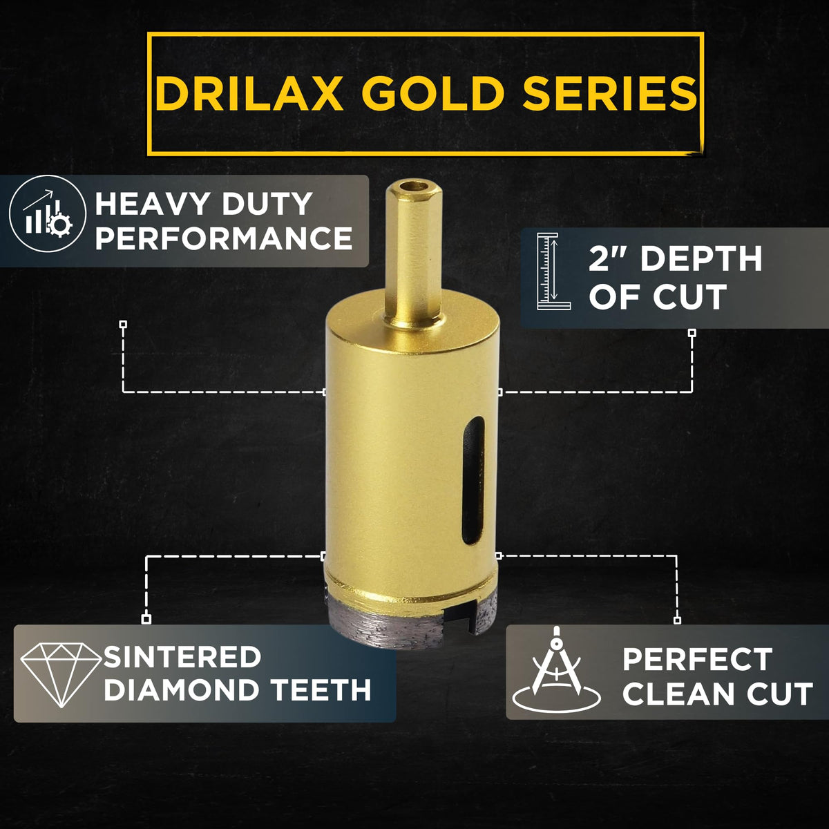 Gold Series 1 inch diamond hole saw features: 2 inch depth, sintered diamond teeth, heavy duty, clean cut