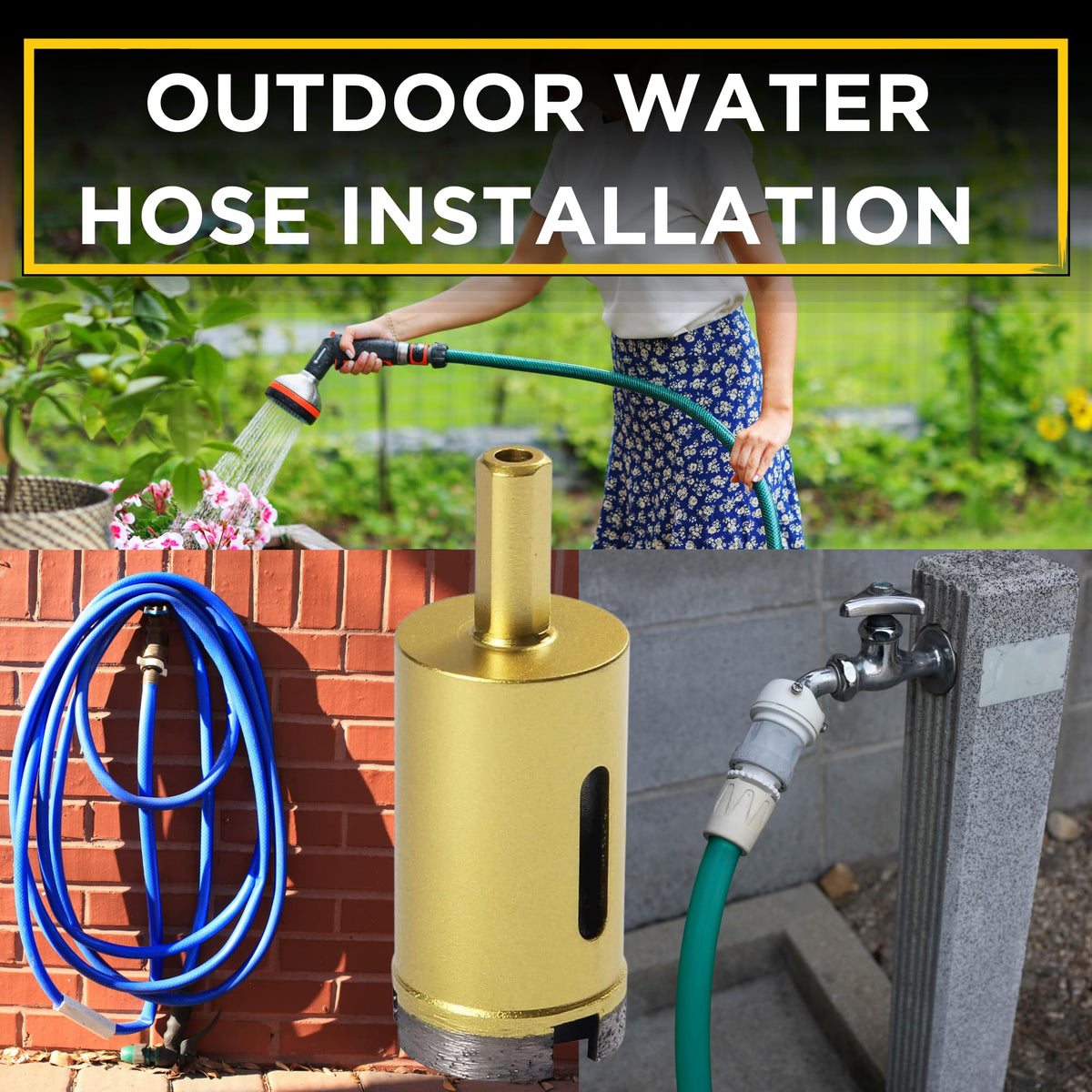 Diamond hole saw drilling brick for an outdoor water hose faucet installation