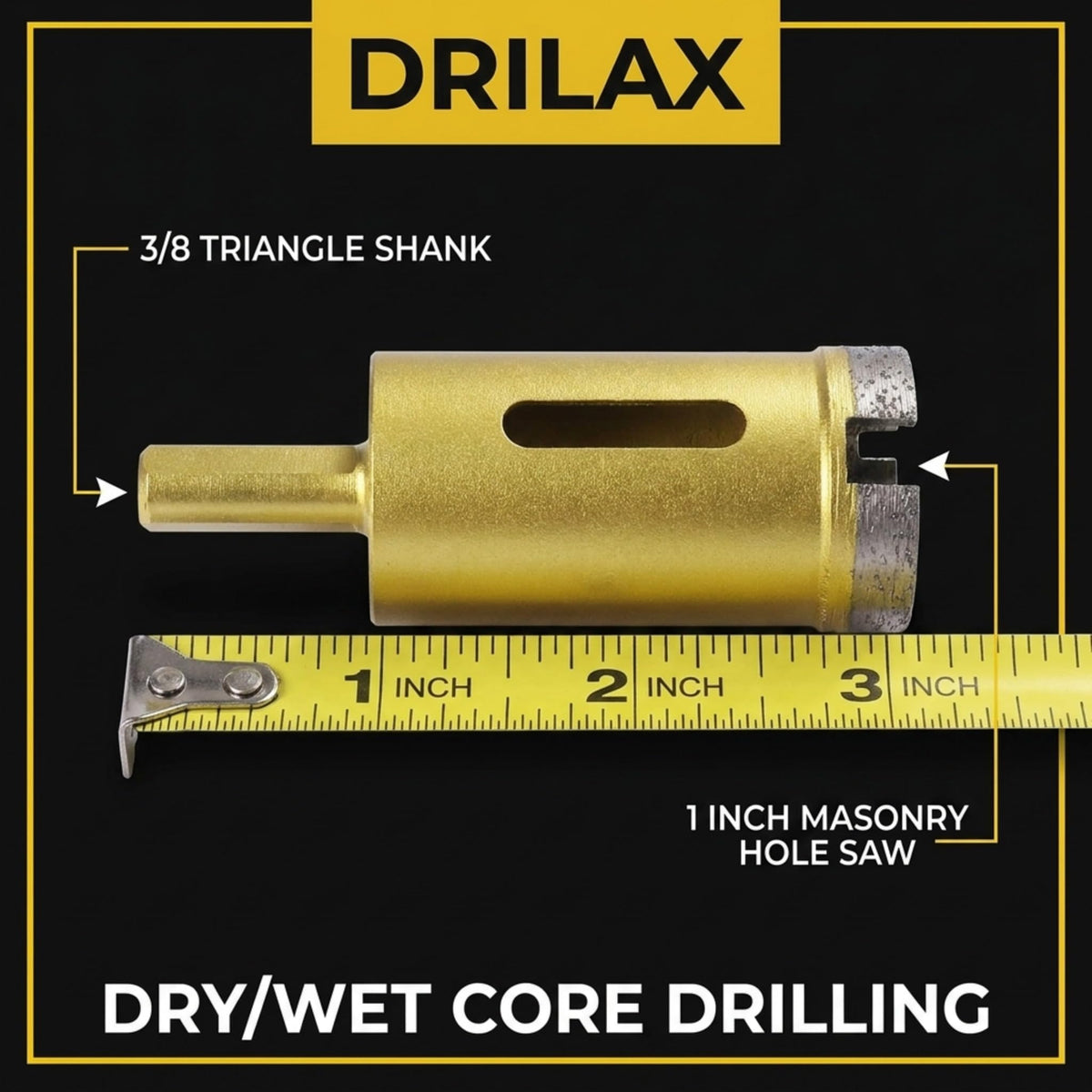 1 inch masonry hole saw with 3/8 inch triangle shank next to a tape measure