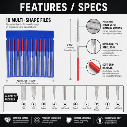10-piece needle file set specs and 10 file profiles