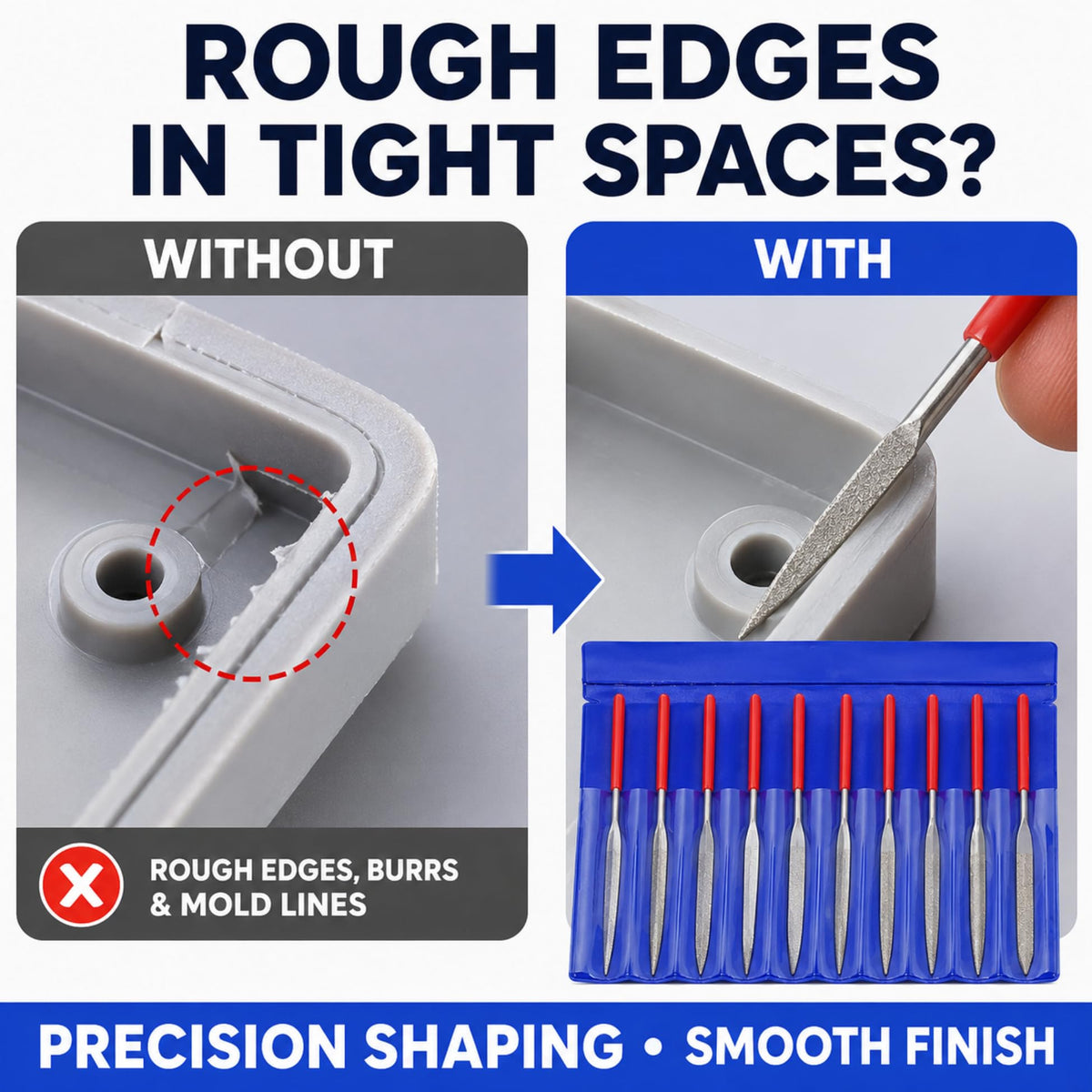 Needle file smoothing rough edges in a tight space