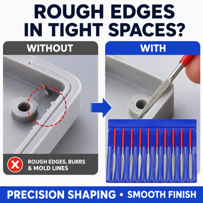 Needle file smoothing rough edges in a tight space
