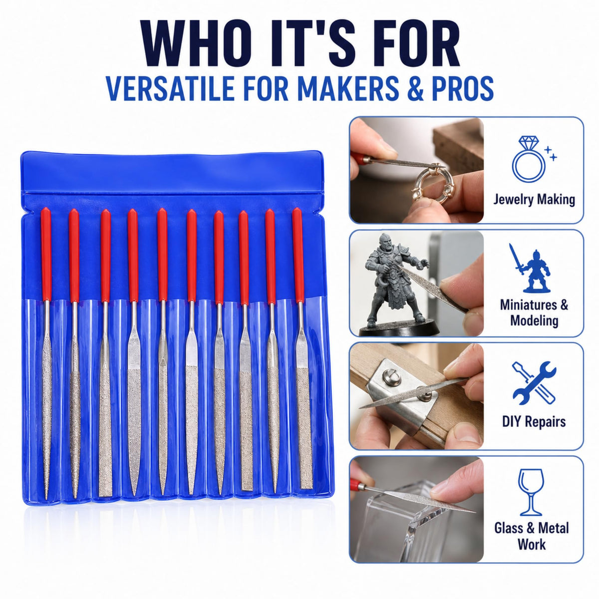 Who the 10-piece needle file set is for: jewelry, miniatures, repairs, glass