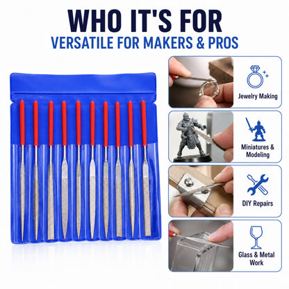 Who the 10-piece needle file set is for: jewelry, miniatures, repairs, glass