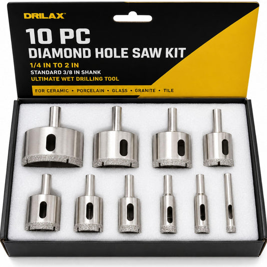 10-piece diamond hole saw set, 1/4 to 2 inch, in storage box