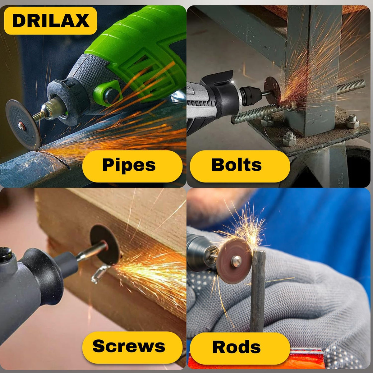 Cut-off wheels cutting pipes, bolts, screws and rods