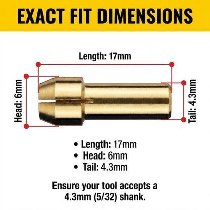 Collet dimensions: 17mm long, 6mm head, 4.3mm tail