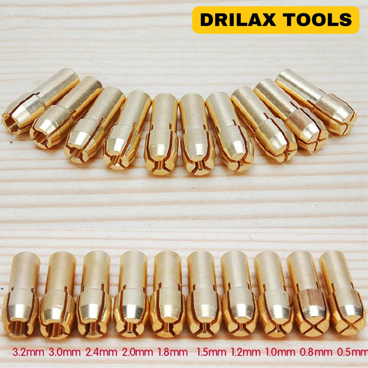 Brass collets labeled by size from 3.2mm to 0.5mm