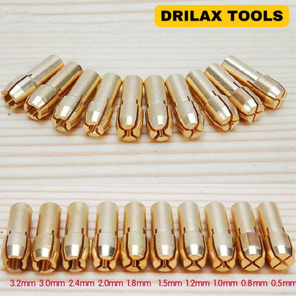Brass collets labeled by size from 3.2mm to 0.5mm
