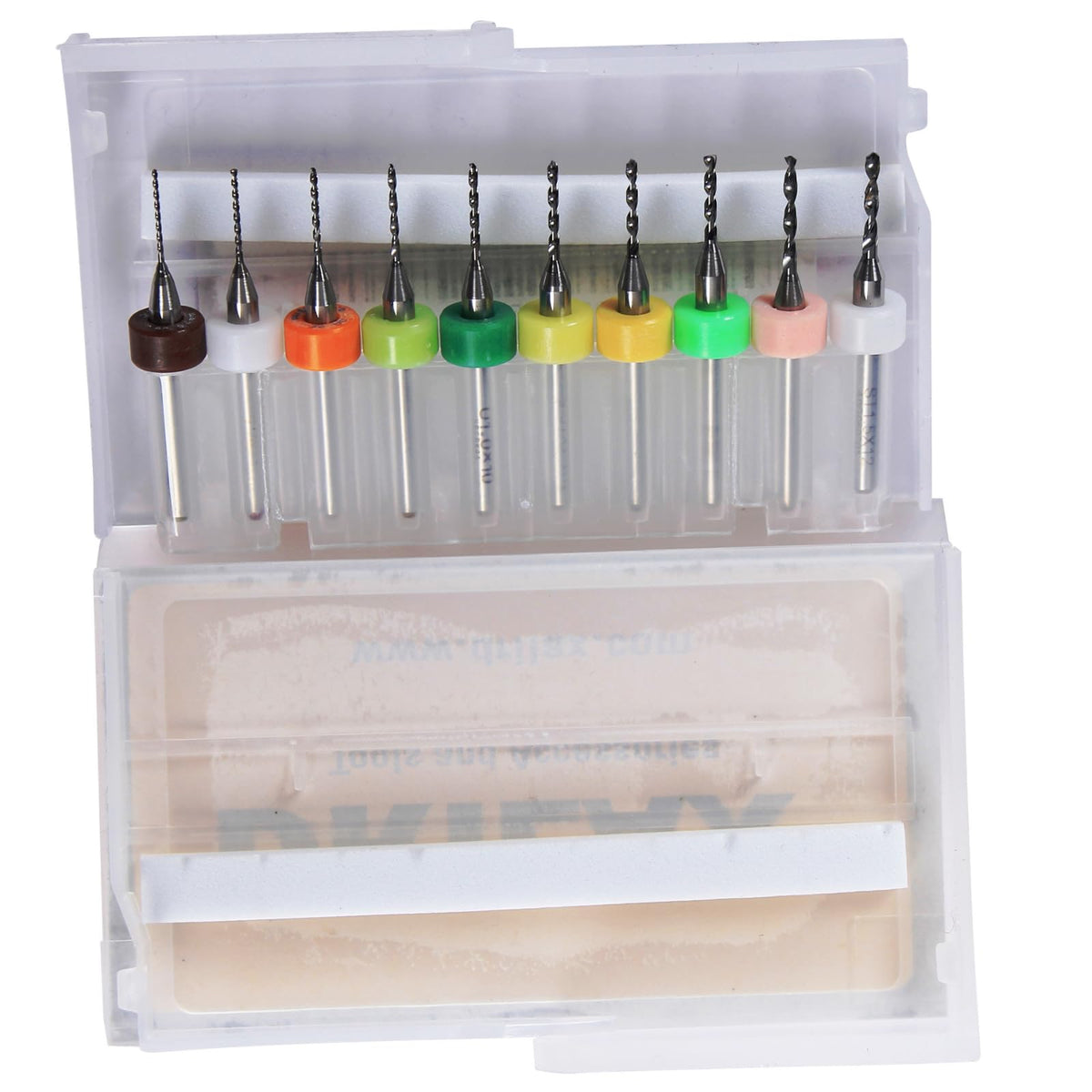 Micro drill bits in open storage case
