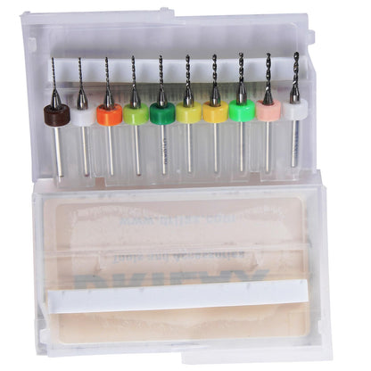 Micro drill bits in open storage case