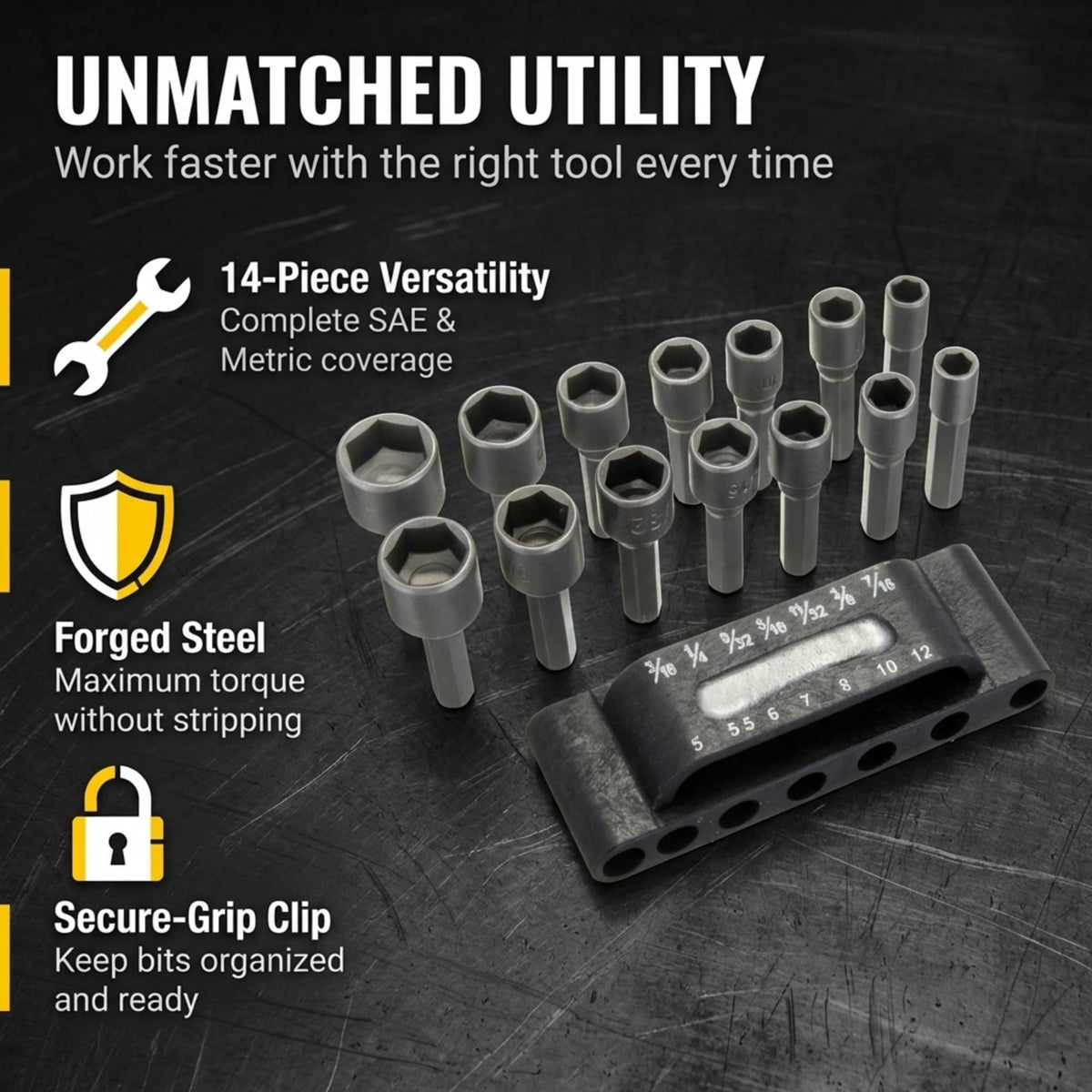 Nut driver bit set versatility and secure holder