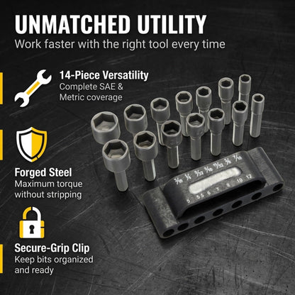 Nut driver bit set versatility and secure holder