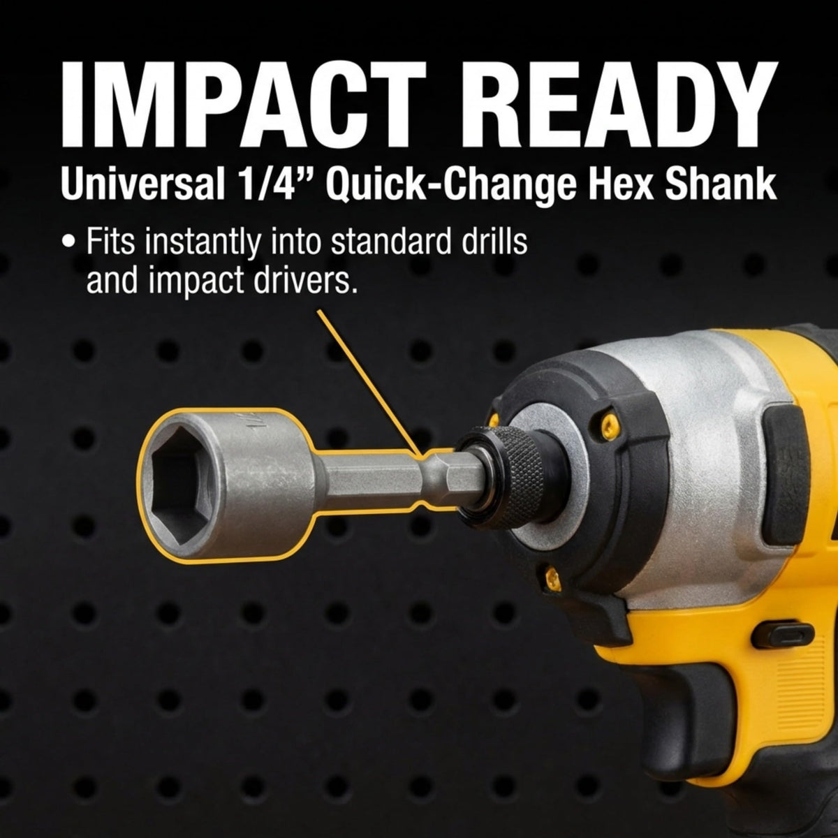 Nut driver bit with 1/4 inch hex shank in an impact driver