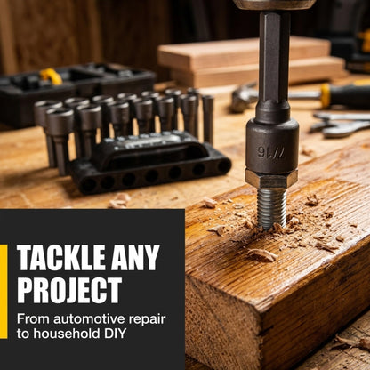 Nut driver driving a bolt into wood