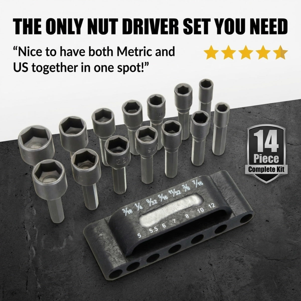 14-piece nut driver bit set complete kit