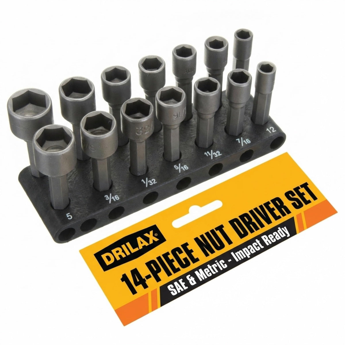 14-piece SAE and metric nut driver bit set in holder