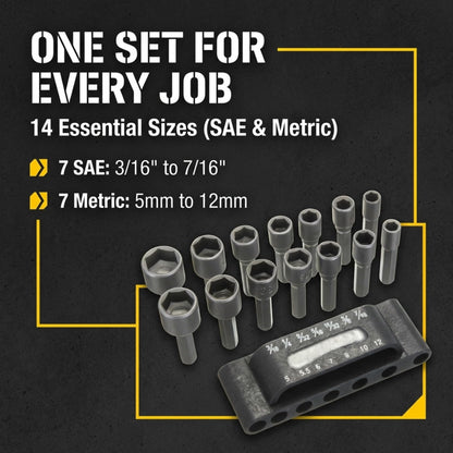 14 nut driver sizes: 7 SAE 3/16 to 7/16 inch, 7 metric 5 to 12 mm