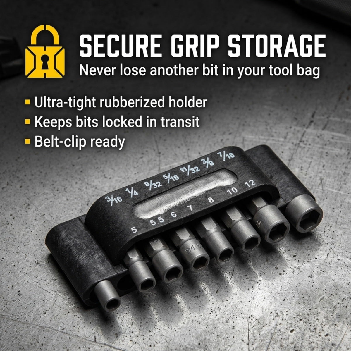 Nut driver bits locked in the storage holder