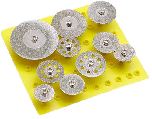 Ten diamond cut-off discs from 16mm to 40mm on 1/8 inch mandrels in a yellow holder tray