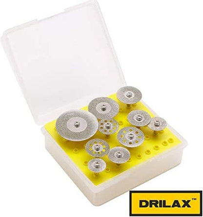 10-piece diamond cut-off disc set in its clear plastic storage box